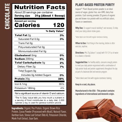 Isopure Plant-Based Protein Powder, Lactose Free, Gluten Free, With Iron, Chocolate, 20g Plant Protein Per Serving, 1.37 Lbs, 20 Servings