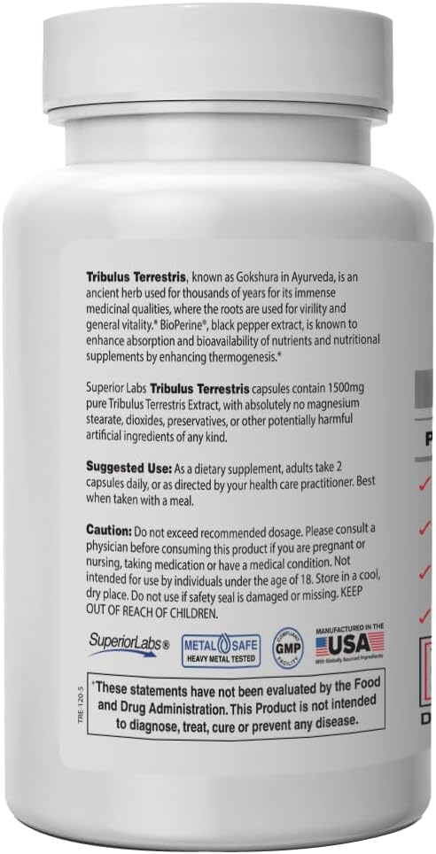 Superior Labs - Tribulus Terrestris - Performance Support & Cortisol Blocker with 45% Saponins, High Potency & Pure 1500mg Dosage, 180 Vegetable Caps - Supports Vitality - with Added BioPerine®