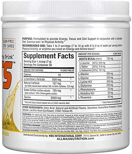 ALLMAX Nutrition AMINOCUTS (ACUTS), Amino-Charged Energy Drink with Taurine, L-Carnitine, Green Coffee Bean Extract, Pina Colada, 30 Servings