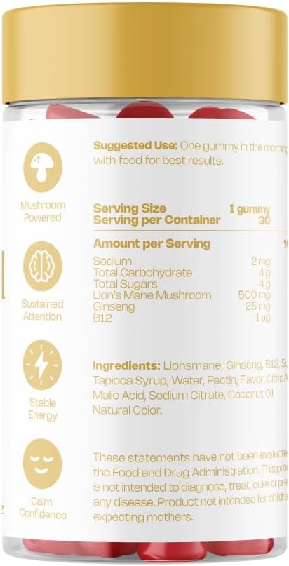 Lion Mane Mushroom Gummies for Focus and Energy - Focus Gummies for Adults with American Ginseng & B12 for Clarity & Natural Energy, Vegan, Non-GMO, Gluten Free, Fruit Punch Flavor, 30 Count