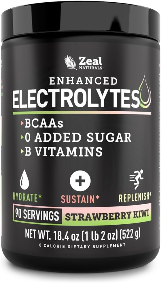 Enhanced Electrolyte Powder (Strawberry Kiwi | 90ct.) w/ 0 Sugar +BCAAs +B-Vitamins Electrolyte Supplement w Potassium Zinc & Magnesium for Hydration - Keto Electrolytes