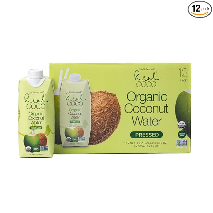 Real Coco Organic Pressed Coconut Water (12-Pack 500mL), USDA Organic, No Sugar Added, Essential Electrolytes, Plant Based, NON GMO, Dairy & Soy Free