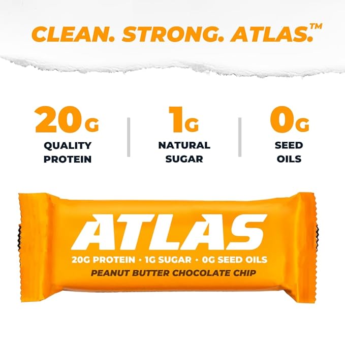 Atlas Protein Bar, 20g Protein, 1g Sugar, Clean Ingredients, Gluten Free (Peanut Butter Chocolate Chip, 12 Count (Pack of 2))