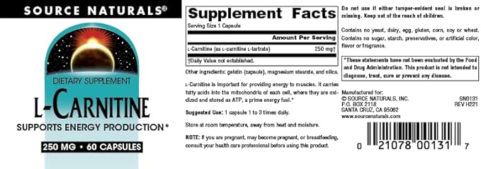 Source Naturals L-Carnitine for Metabolic Energy* - 250 mg - 60 Capsules