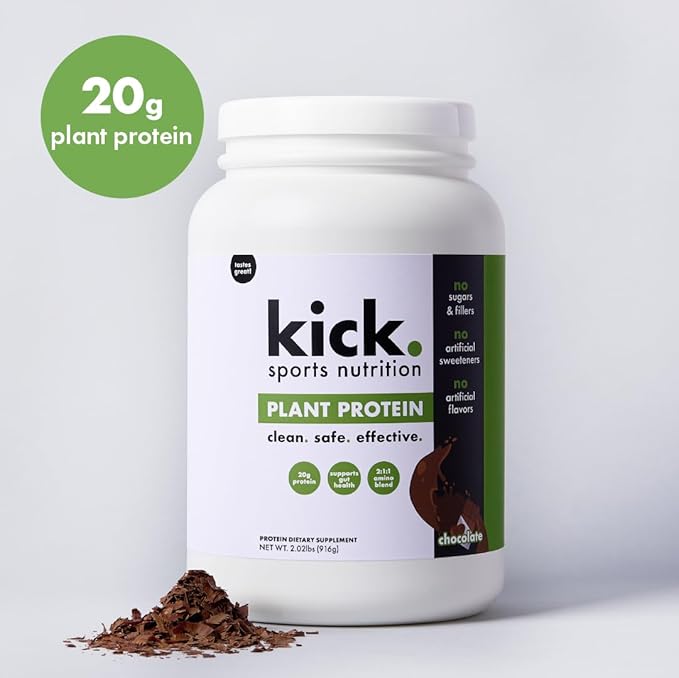 Kick Plant Protein Powder, Chocolate Flavor, 20 G Protein, Gluten Free Workout Supplement with Aminos Acids to Support Fitness Goals & Gut Health, No Sugar, No Artificial Flavors, 28 Servings