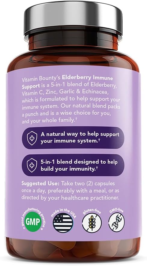 Vitamin Bounty Elderberry Organic Elderberry Capsules for Adults - Elderberry Vitamin C and Zinc Supplement, & Echinacea, Immune System Support, Advanced 5-in-1 Blend, Non-GMO - 60 Capsules