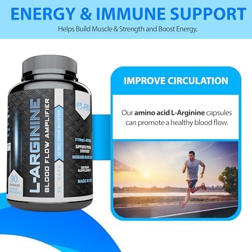 L Arginine Capsules, Nitric Oxide Booster, Amino Acid Supplement for Men and Women, Helps Build Muscle & Strength and Boost Energy, Blood Flow Support - 180 caps