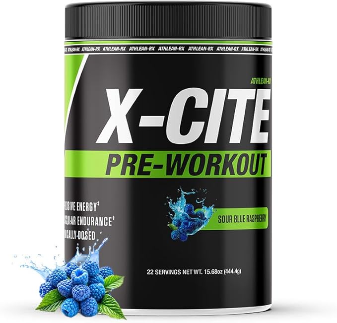 X-CITE Pre-Workout by ATHLEAN-X - Enhanced Formula with Beta-Alanine, Creatine & Caffeine for Ultimate Energy, Endurance, Focus & Muscle Pump, NSF Certified (22 Servings, Sour Blue Raspberry)