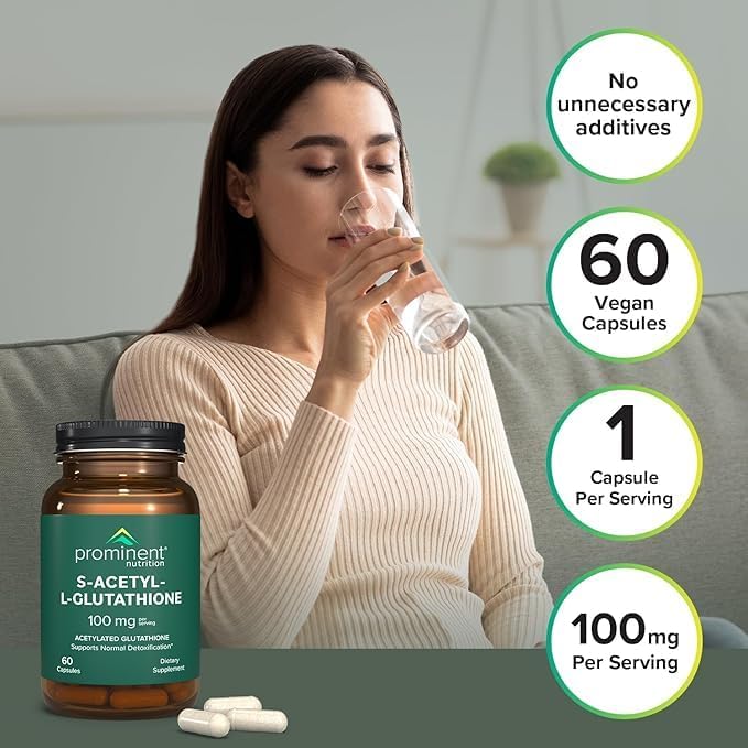 Prominent Nutrition S-Acetyl L-Glutathione Supplement - Clinically Researched Emothion Acetylated Glutathione for Normal Liver Detoxification Support & Optimal Antioxidant Effect, 60 Vegan Capsules
