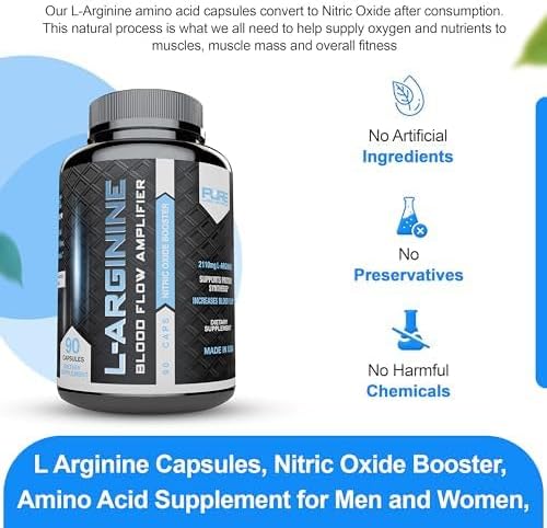 L Arginine Capsules, Nitric Oxide Booster, Amino Acid Supplement for Men and Women, Helps Build Muscle & Strength and Boost Energy, Blood Flow Support - 180 caps