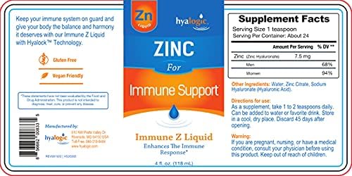 Hyalogic Liquid Zinc Supplement for Immune Support (4 Oz) - Daily Mineral Support Enhanced w/Hyaluronic Acid for Hydration – Immune Zinc Liquid for Men and Women – Gluten Free, Cruelty Free