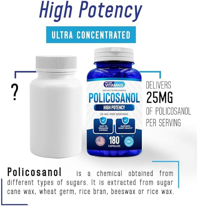We Like Vitamins Policosanol 25mg - 180 Capsules - Policosanol Supplement Made from Natural Sugar Cane - Non-GMO and Gluten-Free