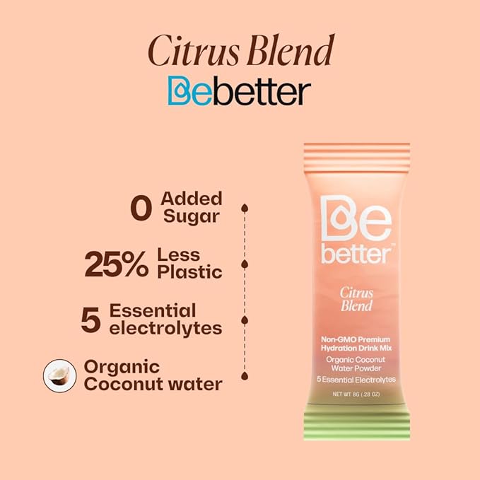 BeBetter Organic Electrolytes Powder Packets | Daily Electrolyte Drink Mix | Organic Coconut Water | No Artificial Flavors | Sugar Free Hydration Packets | non-GMO | 22 Hydration Sticks (Citrus Blend)
