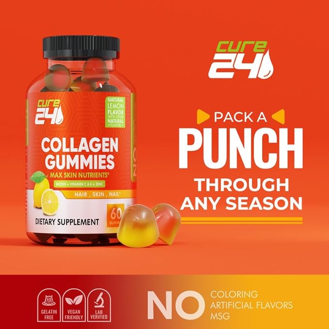 Collagen Gummies with Zinc, Vitamin C and Biotin, Collagen Peptides Supplement Promotes Hair, Nail, Skin, Bone and Joint Health Support, Made in USA 60 Gummies