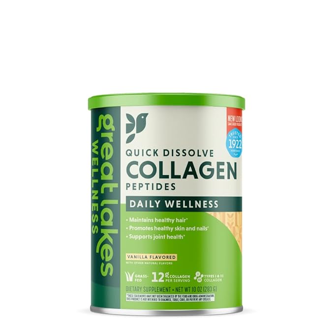 Great Lakes Wellness Collagen Peptides Powder for Skin, Hair, Nails, Joints & Digestion - Vanilla Flavored - Quick Dissolve Hydrolyzed, Non-GMO, Kosher - 10 oz