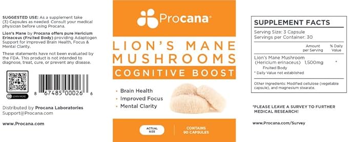 Lions Mane Mushroom Capsules (EXTRA STRENGTH 1,500mg/serving) for Brain Health, Mental Clarity, Memory and Focus. 45,000mg per bottle 90ct