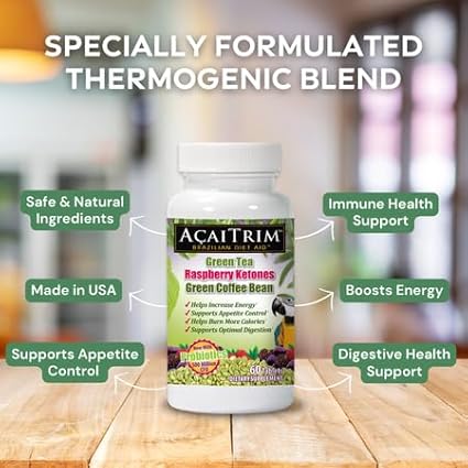 AcaiTrim- Weight Loss Supplement- Green Tea Extract, Green Coffee Bean Extract, Raspberry Ketones, Acai, & Probiotics – Supports Metabolism & Energy for Men & Women- 60 Acai Berry Capsules