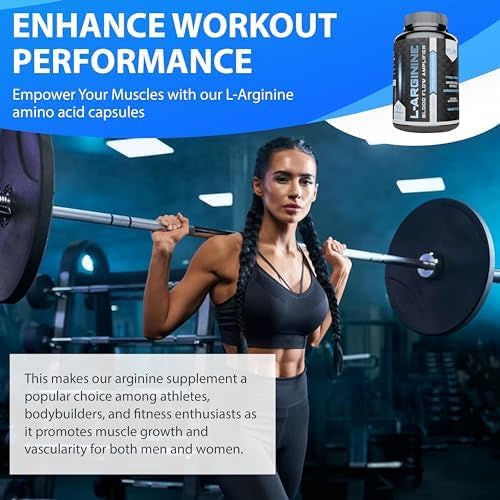 L Arginine Capsules, Nitric Oxide Booster, Amino Acid Supplement for Men and Women, Helps Build Muscle & Strength and Boost Energy, Blood Flow Support - 180 caps