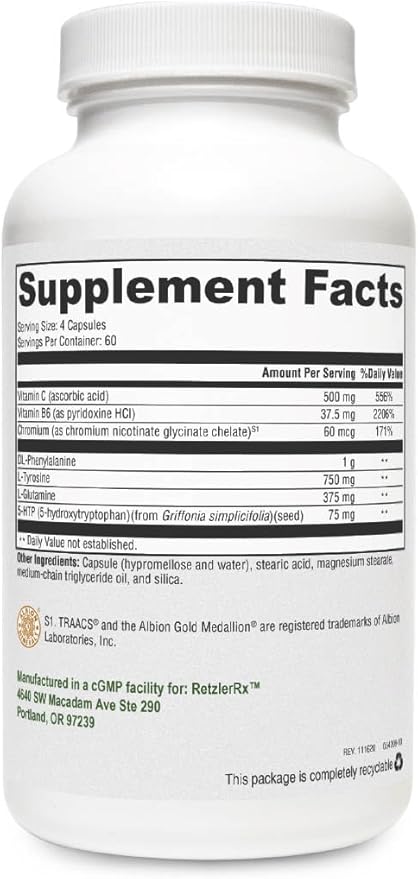 Crave Control by RetzlerRx | Support to Help Curb Appetite and Combat Cravings - Chromium, DL-Phenylalanine, L-Glutamine, Vitamin B6 + 5-HTP for Mood & Appetite Support (240 Capsules)