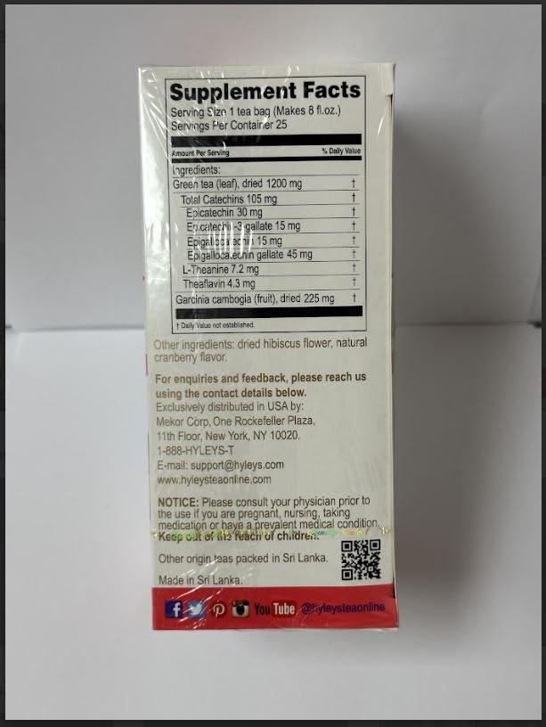 HYLEYS Tea Garcinia Cambogia Green Tea Cranberry Flavor - 25 Tea Bags (6 Pack - 150 Tea Bags Total)