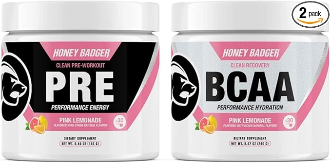 Honey Badger Pre Workout Powder & BCAA Amino Acids Powder Bundle | Beta Alanine, Caffeine & Vitamin C + Electrolytes | Vegan Keto Sugar Free & Paleo for Men & Women | 30 Servings (Pink Lemonade)