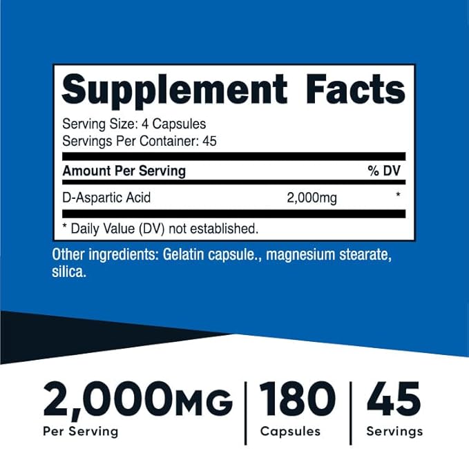Nutricost D-Aspartic Acid (DAA) Capsules 2000mg Per Serving (180 Capsules) - Non-GMO Supplement