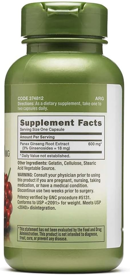 GNC Herbal Plus Panax Ginseng 600mg, 100 Capsules, Supports Vitality