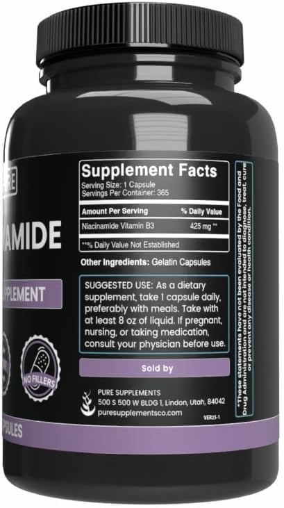 Pure Original Ingredients Niacinamide (365 Capsules) No Magnesium Or Rice Fillers, Always Pure, Lab Verified