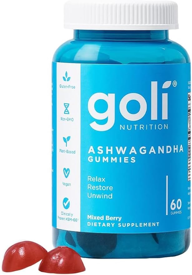 Goli Ashwagandha & Vitamin D Gummy - 60 Count - Mixed Berry, KSM-66, Vegan, Plant Based, Non-GMO, Gluten-Free & Gelatin Free Relax. Restore. Unwind, Pack of 1