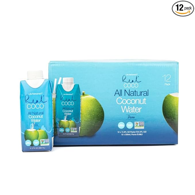 Real Coco All Natural Pure Coconut Water (12-Pack 330mL), Single Ingredient, No Added Sugar, Plant Based, Packed with Electrolytes, Vegan