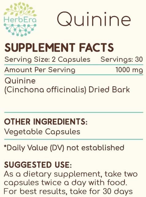 Quinine 60 Capsules, 1000 mg, Wildcrafted Quinine (Cinchona officinalis) Dried Bark (60 Capsules)