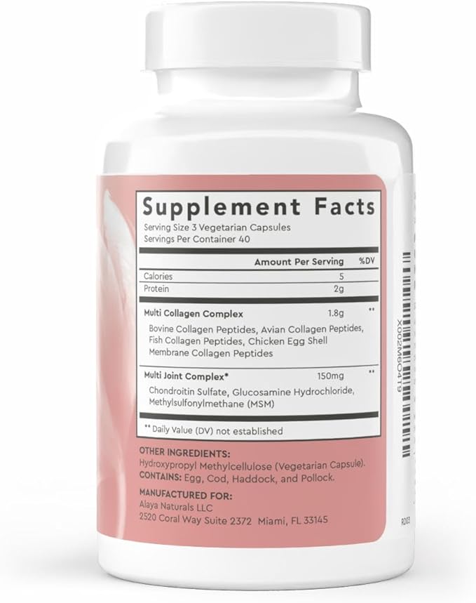 Alaya Naturals Hydrolyzed Multi Collagen Peptides Protein Capsules - Type I, II, III, V, X Grass-Fed Bovine, Chicken, Marine Collagen Supplement with MSM + GC (Capsules - 120 Count)
