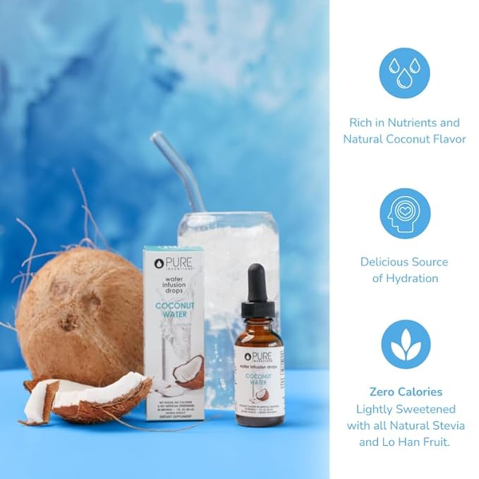 Pure Hydration Coconut Water Drops, 30 Servings, 1oz, Pack of 2 (Packaging May Vary)