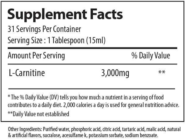 L-Carnitine 3000 mg Liquid | Stimulant-Free Amino Acid | 31 Servings (Cherry Lime Slush)