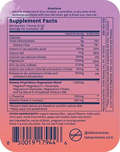 Recess Mood Powder, Calming Magnesium L-Threonate Blend with Passion Flower, L-Theanine, Electrolytes, Magnesium Calm Support Powder Supplement - Gradient Berry 28 Serving Tub