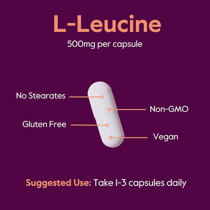 BESTVITE L-Leucine 500mg per Capsule (480 Vegetarian Capsules) (240x2) - No Stearates - No Fillers - No Flow Agents - Vegan - Non GMO - Gluten Free