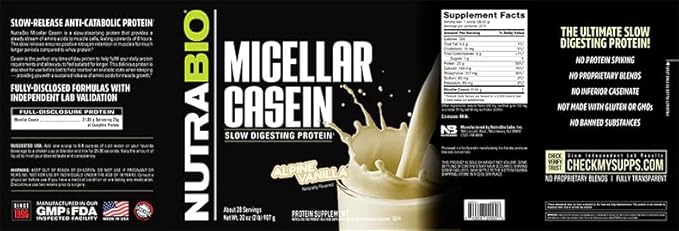 NutraBio Micellar Casein Protein Powder- Casein Protein Powder- Slow Digesting - Muscle Growth - Essential Amino Acids - Non-GMO - Gluten & Soy Free- 2 lbs Vanilla