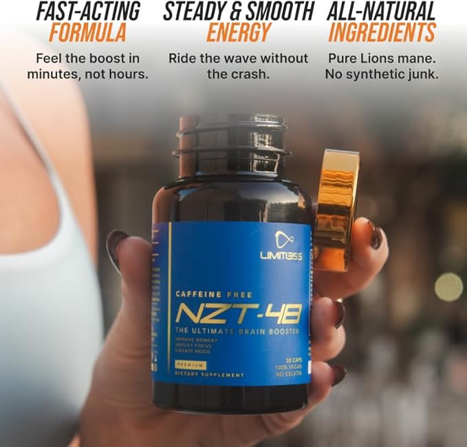 NZT-48 Premium Brain Booster - Lions Mane Supplement Capsules - Nootropic Brain Supplements for Memory and Focus - Brain Pills - Natural Energy - Caffeine Free, Phosphatidylserine, 30 Servings