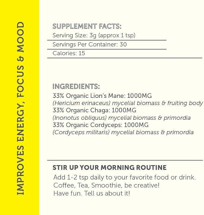 Morning Routine Mushrooms, Mushroom Supplement | Lions Mane Powder Chaga Cordyceps | Adaptogens | | 3.17 Ounce Packet | 30 Servings | Immune Support |
