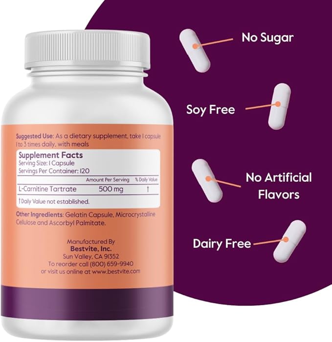 BESTVITE L-Carnitine Tartrate 500mg per Capsule (240 Capsules)(120x2) - No Stearates - Non GMO - Gluten Free