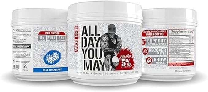5% Nutrition Rich Piana AllDayYouMay BCAA Powder | Premium Intra & Post Workout Amino Acids, Hydration, Endurance, Muscle Recovery, Joint & Liver Support | 16.4 oz, 30 Servings (Blue Raspberry)