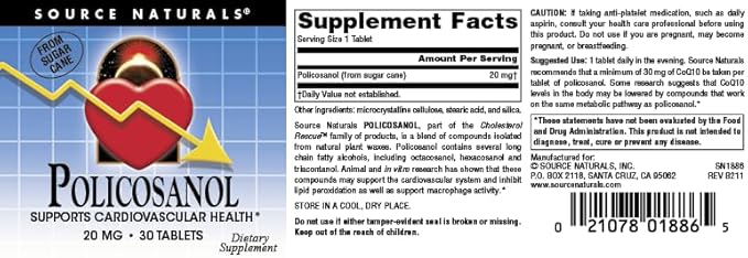 Source Naturals Policosanol, Supports Cardiovascular Health* 20 Mg Tablet, 30 Count