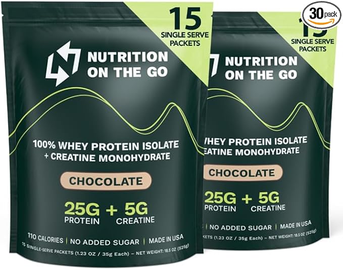 Chocolate Pack Whey Protein Powder with Creatine – 25g Protein, 5g Creatine – Single-Serve Packets for Travel, Gym, and On The Go – Easy Mix, Gluten-Free (30-Pack)