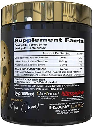 Insane Labz Insane Veinz Gold, Nitric Oxide Non Stimulant pre Workout Powder, Loaded with Hydromax, Nitrosigine, Increases Vascularity and Blood Flow, 30 Srvgs, Gummy Candy