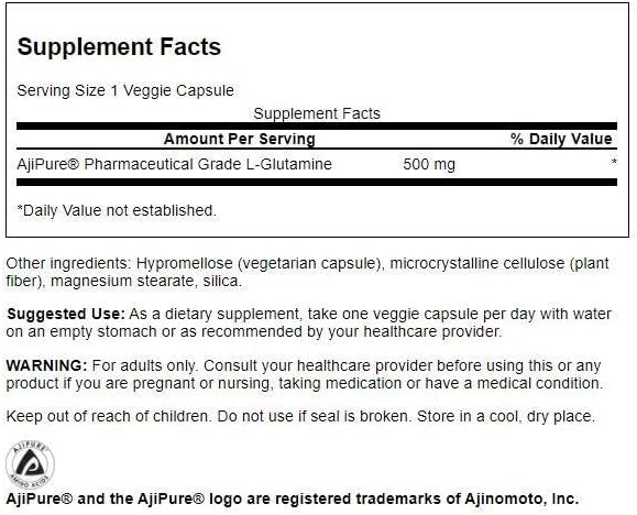 Swanson Amino Acid Ajipure L-Glutamine Pharmaceutical Grade 500 Milligrams 60 Veg Capsules