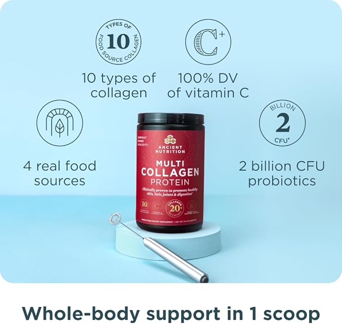 Ancient Nutrition Collagen Peptides Powder, Multi Collagen Protein, Women & Men, Vitamin C, Probiotics, Hydrolyzed Collagen, Supports Skin, Joints, Gut Health, Unflavored, 24 Servings