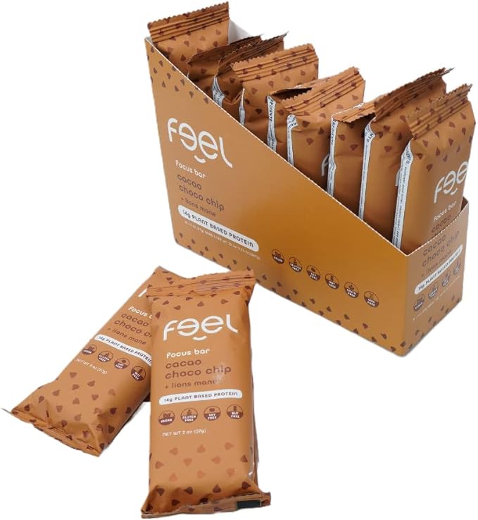 Feel Vegan Protein Bars | Brownie Chocolate Chip | Keto | Gluten Free | Organic | Lions Mane | 15g Plant Protein | Low Carb | High Protein | Dairy Free | Low Sugar | Grain Free | Nut Free | Soy Free | Non GMO - (Brownie Choco Chip, 10 Pack)