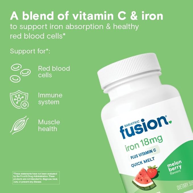 Bariatric Fusion Iron Supplement for Women Quick Melt | Sugar Free Dissolvable Chewable Iron Tablets | Ferrous Fumarate 18 mg Iron with Vitamin C | Melon Berry | Gluten, Dairy and Soy Free | 90 Count