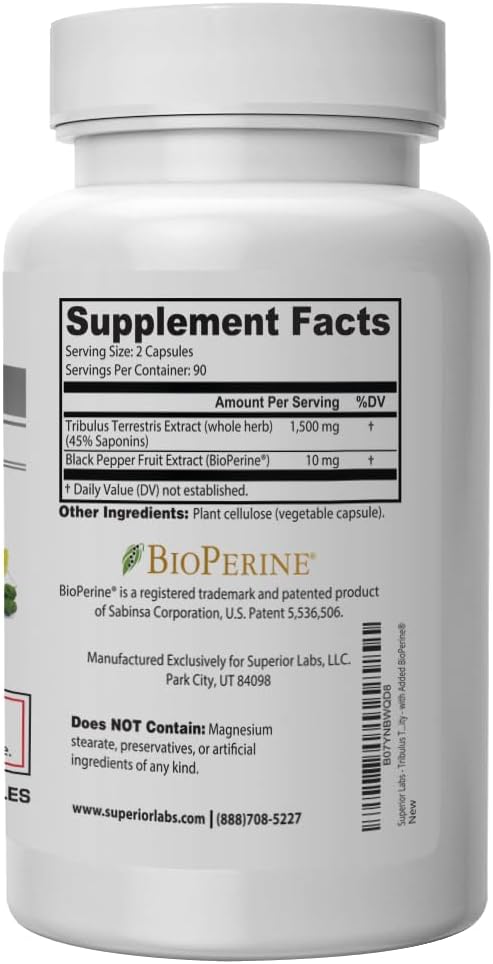 Superior Labs - Tribulus Terrestris - Performance Support & Cortisol Blocker with 45% Saponins, High Potency & Pure 1500mg Dosage, 180 Vegetable Caps - Supports Vitality - with Added BioPerine®