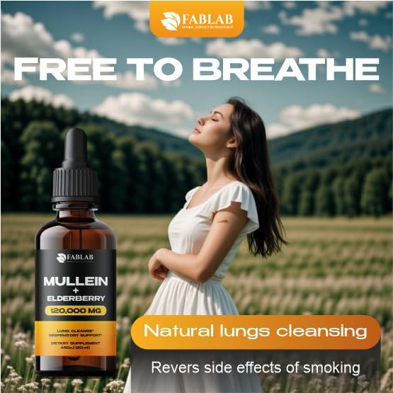 FabLab Mullein Leaf Extract with Elderberry 4 Fl Oz - Made in USA - Drops for Better Lung - Mullein Tincture for Lung Detox - Bronchial Cleanse for Smokers - Respiratory Herbal Supplement